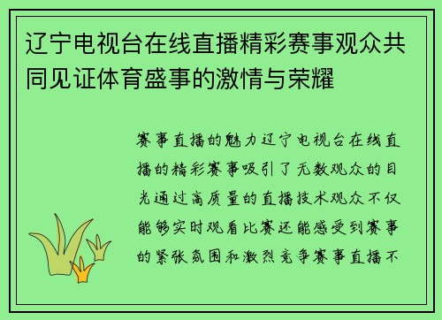 辽宁电视台在线直播精彩赛事观众共同见证体育盛事的激情与荣耀